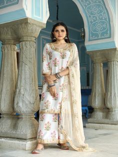 Mehreen Ivory Hand Embroidered Silk Kurta Set (Set of 3) By Gulabo Jaipur now available at Trendroots Haldi Ceremony Outfit, Silk Kurta Set, Kurta Palazzo Set, Mehendi Outfits, Printed Palazzo Pants, White Kurta, Indian Dresses Traditional, Palazzo Set, Indian Wedding Wear