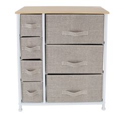 the four drawers are white and have grey fabric on them, while one drawer is light brown