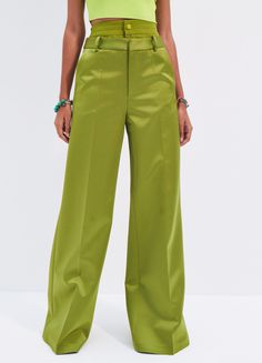 A breezy wide-leg silhouette lends runway-worthy movement to these Satin Double Waistband Wide Leg Trousers, crafted from rich satin. Make this a set with our Satin Raw Edge Boxy Blazer. Luxury Silk Wide Leg Bottoms, Luxury Silk Wide Leg Pants Full Length, Luxury Silk Wide Leg Full Length Pants, Luxury Wide Leg Silk Pants, Green Wide Leg Pants For Evening, Luxury Silk Wide Leg Pants, Green Wide-leg Pants For Evening, Green Evening Pants For Summer, Formal Satin Pants For Spring