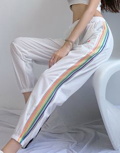 Summer Cotton Bottoms With Side Stripes, Casual Stretch Rainbow Bottoms, Casual Rainbow Bottoms For Pride, Trendy Sweatpants With Side Stripes For Spring, White Bottoms With Side Stripes For Summer, Cotton Bottoms With Side Stripes For Spring, Sporty Multicolor Summer Pants, Spring Cotton Sweatpants With Side Stripes, Trendy Rainbow Bottoms For Spring