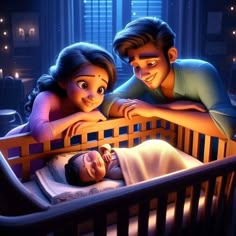 a man and woman are looking at a baby in a crib while the child is laying down