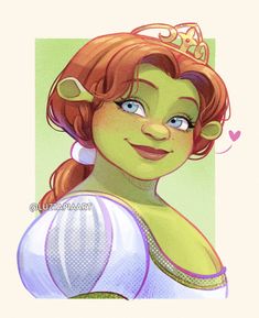 a drawing of a girl with red hair and green eyes wearing a tiara, smiling at the camera