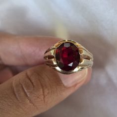 *Price Firm* 10kt Solid Gold Ring With Wood Texture And Side Cutouts Synthetic Red Oval Stone Sz 9.75 Weighs 8.5 Grams Formal Ruby Signet Ring, Heirloom Red Signet Ring With Polished Finish, Formal Ruby Signet Ring In Fine Jewelry Style, Ruby Signet Ring Fine Jewelry For Formal Events, Fine Jewelry Ruby Signet Ring For Formal Occasions, Ruby Signet Ring For Formal Occasions, Red Round Rings For Formal Occasions, Classic Red Ruby Jewelry, Ruby Ring With Vvs Clarity For Formal Occasions