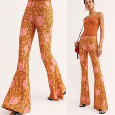 Brand New With Tag! The Janis Bells Legging Pants Tights In Rare Iconic Copper Flamenco Spanish Rose Rust Orange Neon Pink Teal Green Vine Floral Print By Novella Royale. Large. No Trade Please. The Price Is Firm And Reflects High % Posh Fee, Rarity, Way Above Retail Price I Originally Paid, Etc. No Offers Please Our Classic Nr Bell Bottoms With Elastic Waist! Just Wait Till You See What They Do For Your Buns!!! Rayon Jersey Pull On Elastic Waist Fitted Through The Hips And Thighs, Flared Bottom Retro Printed Spring Pants, Retro Printed Pants For Spring, Retro Spring Printed Pants, Chic Printed Pink Bottoms, Pink Wide Leg Printed Bottoms, Printed Retro Bottoms, Chic Pink Printed Bottoms, Pink Printed Wide Leg Bottoms, Pink Printed Wide-leg Bottoms