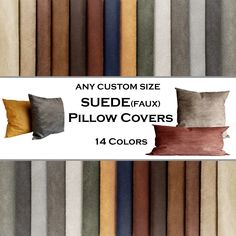 pillows with different colors and sizes are shown in the same color scheme as each pillow