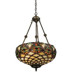 a stained glass chandelier hanging from a ceiling fixture with an ornate design on it