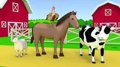 an animated farm scene with two horses, a cow and a chicken standing in front of a barn