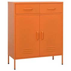 an orange metal cabinet with two doors