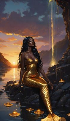 a painting of a mermaid sitting on rocks in front of a waterfall with lights coming from it