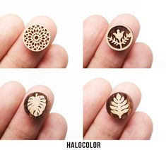 four pictures of different shapes and sizes of wooden stamping designs on fingers, with the words halocoloror written below them