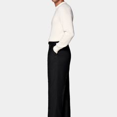 These black pants are tailored to a wide leg straight fit, offering roomier hip and thigh space with a wide straight leg opening. Featuring a high-rise waist, single pleat, belt loops, and slanted side pockets. Sleek Wide Leg Pants With Belt Loops For Evening, Sleek Wide Leg Pants For Evening With Belt Loops, Formal Wide Leg Pants With Belt Loops, Evening Dress Pants With Belt Loops And Straight Leg, Full Length Evening Pants With Belt Loops, Straight Leg Pants With Belt Loops For Evening, Straight Leg Evening Pants With Belt Loops, Evening Full-length Dress Pants With Belt Loops, Evening Full Length Dress Pants With Belt Loops