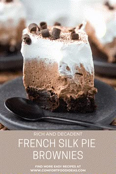 a slice of french silk pie on a black plate with a fork and chocolate chips