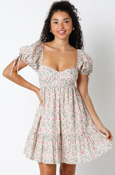 Pink & Green Floral Dress - Puff Sleeve Dress | Boho Pink Floral Baby Doll Dress For Women, Spring Mini Dress With Heart-shaped Neckline And Lined Bodice, Pink Ditsy Floral Print Dress With Puff Sleeves, Pink Puff Sleeve Dress With Ditsy Floral Print, Ditsy Floral Print Dress With Sweetheart Neckline For Brunch, Sweetheart Neckline Dress With Ditsy Floral Print For Brunch, Cute Pink Mini Dress With Ditsy Floral Print, Babydoll Dress Outfit Fall, Pink Puff Sleeve Dress With Ruched Bodice