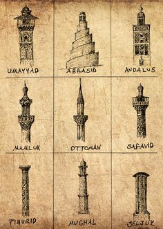 a bunch of different types of towers on a piece of parchment paper with the names of them