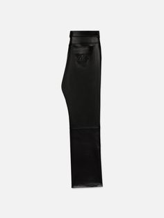 Luxury Straight Leg Jeans With Belt Loops, Luxury Straight Leg Jeans, Luxury Black Jeans With Five Pockets, Designer Black Straight Leg Pants, Black Leather Pants With Five Pockets, Fall Leather Pants With Five Pockets, Elegant Black Pants With Five Pockets, Black Leather Jeans With Standard Cut, Black Leather Straight Leg Jeans