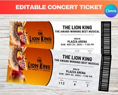 two tickets for the lion king musical show on wooden background with text that reads editable concert ticket