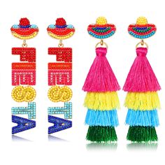 PRICES MAY VARY. ღ Cinco De Mayo Earrings: Get colorful for the fiesta celebration with this Set of Two Mexican Earrings. Including a pair of letter Fiesta earrings, and a pair of multicolored layered tassel earrings. They all designed with festive red, yellow, green, orange and blue colors, everyone will know you're ready to party when you show up to the Cinco De Mayo celebration wearing these vibrant holiday earrings! ღ Mexican Jewelry for Women: Go out for tacos and margaritas and wear these Multicolor Novelty Earrings For Summer, Novelty Multicolor Summer Earrings, Summer Novelty Multicolor Earrings, Summer Multicolor Novelty Earrings, Novelty Multicolor Summer Jewelry, Summer Novelty Multicolor Jewelry, Adjustable Tassel Earrings With Colorful Beads For Party, Pepper Earrings, Mexican Earrings