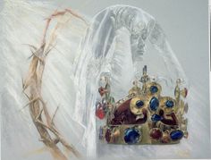 a painting of a crown with blue, red and gold jewels on it next to a tree branch