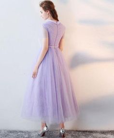 Beautiful Light Purple Tea Length Wedding Party Dress, Lace Short Slee – BeautyDressy Short Sleeve Prom Dresses, Prom Dress Tulle, High Neck Prom Dress, Gonna In Tulle, Lace Evening Dress, Tea Length Wedding, Lace Summer Dresses, 60's Dress, Tulle Sleeves