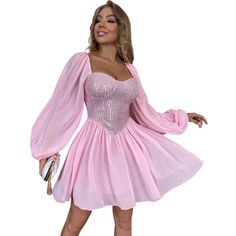 Pink Slim Fit Square Neck Party Dress Long Sleeve Mini Dress For Summer Banquet, Long Sleeve Summer Mini Dress For Banquet, Long Sleeve Chiffon Mini Dress For Cocktail, Long Sleeve Mini Dress For Prom Season Date Night, Fitted Chiffon Mini Dress For Prom Season, Chic Evening Dress For Banquet Party Season, Chic Sequin Banquet Dress, Chic Party Dresses With Sweetheart Neckline, Chiffon Dress For Party Season