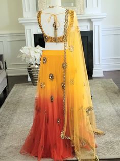 20210602_134041_2 Ombre Mirror, Mirror Lehenga, Ombre Lehenga, Orange Ombre, Embellished Blouse, The Outfit, Cut Work, Indian Fashion, Lehenga