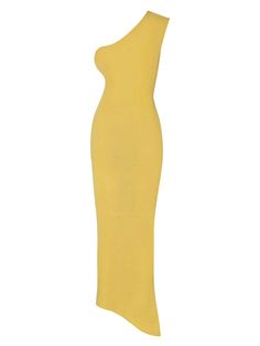 The "Lyn Dress" in Carambolo - A one-shoulder knitted dress featuring a striking baobab shape detail at the shoulder, complemented by pleated detailing at the front. With an asymmetric cut at the bottom and a vibrant yellow tone, this dress is sure to make a statement. With this purchase, you are supporting the rehabilitation of the coral reef in San Andrés Island, Colombia, in alliance with Corales de Paz Organization.
 Size: XS, S, M, L Yellow Fitted One-shoulder Dress, Yellow One-shoulder Dress, Elegant Yellow Asymmetrical Maxi Dress, Yellow One-shoulder Midi Dress For Evening, Yellow One-shoulder Evening Midi Dress, Chic Yellow Sleeveless One-shoulder Dress, Yellow One-shoulder Fitted Maxi Dress, Yellow Fitted One-shoulder Maxi Dress, Fitted Yellow One-shoulder Dress