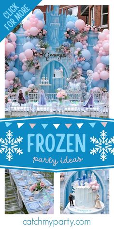 frozen birthday party with balloons and decorations