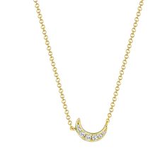 Embrace the celestial elegance of our 14k Gold Moon Necklace with Sparkling Diamonds, a piece that captures the magic and mystery of the night sky. Crafted from high-quality 14k gold, this exquisite necklace features a delicate crescent moon pendant, a symbol of femininity and intuition. The crescent moon is adorned with 0.07 carats of shimmering diamonds, meticulously set to enhance its natural beauty and brilliance. Each diamond is carefully placed to catch the light, creating a mesmerizing sp Elegant Diamond Necklace With Moon Charm, Elegant Moon-shaped Diamond Necklace Gift, Fine Yellow Gold Necklace With Moon Phase Detail, Fine Yellow Gold Moon Phase Necklace, Elegant Diamond Necklace With Moon Phase Detail, Elegant Diamond Necklace With Moon Phase, Elegant Moon Shaped Diamond Necklace, Elegant Moon-shaped Diamond Necklace, Elegant Crescent Diamond Necklace