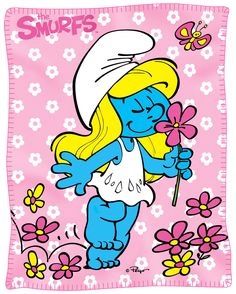 the smurfs character is holding a flower in front of pink flowers and butterflies