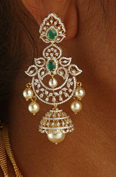 18 karat gold '4 in 1' detachable diamond jhumkas - diamond dangle earrings with color stones & south sea pearls
  width of the jhumka : 0.65 inches
  this product has inter changeable stones in the earrings
  
  note: only the front side has diamonds as shown in the picture, the back part of the jhumka which is not visible from the front is only gold without diamonds

introducing our exquisite 18 karat gold '4 in 1' detachable diamond jhumkas, the epitome of elegance and sty Diamond Chandbali Earrings, Diamond Jumkas, Mirror Bangles, Diamond Buttalu, Indian Diamond Earrings, Big Earrings Gold, Diamond Earrings Indian, Gold Arm Cuff, Jumka Earrings