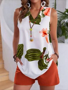 Summer Casual Tropical Print Tank Top & Shorts Orange Casual,Boho  Sleeveless Woven Fabric Tropical,Plants  Non-Stretch  Women Clothing, size features are:Bust: ,Length: ,Sleeve Length: Casual Bridesmaid Dresses, Dirndl Outfit, Bandeau Tops, Vacation Tops, 1920s Flapper Dress, Set Outfits, Short Denim Skirt, Short Playsuit, Mini Robes