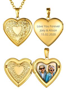 two heart shaped lockes with the words love you forever and an image of a couple in