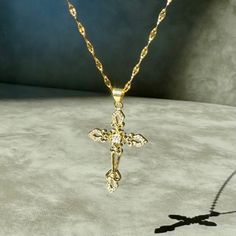 Ornate Gold Crystal Cross Necklace Luxury Classic Jewelry With Cross Pendant, Affordable Gold Spiritual Cross Necklace, Elegant Pendant Cross Necklace With Adjustable Chain, Elegant Pendant Cross Necklace With Clavicle Chain, Elegant Cross Pendant Necklace With Clavicle Chain, Elegant Crucifix Necklaces With Adjustable Chain, Elegant Cross Necklace With Adjustable Chain, Elegant Crucifix Necklace With Adjustable Chain, Elegant Cross Chain Necklace With Adjustable Chain