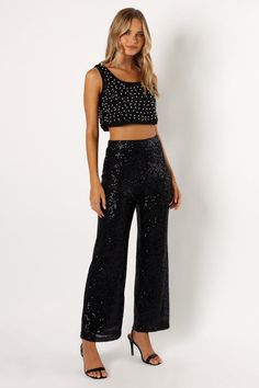 Lilianna Sequin Flare Pant - Black Elegant Black Flares For Night Out, Black Embellished Pants For Party, Black Embellished Party Pants, Embellished Black Pants For Party, Embellished Black Party Pants, Chic Embellished Pants For Party Season, Chic High-waist Flares For Night Out, Chic High Waist Flares For Night Out, Chic Embellished Pants For Party