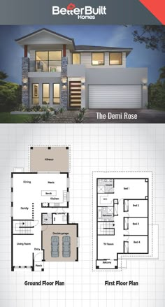 two story house plans with garage and living room in the middle, one bedroom on each floor