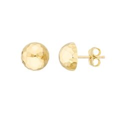 14K Yellow Gold Half Disco Ball D/C Stud Earrings - Women. Stud earrings exude a classy and sophisticated prescence, yet are so simple and timeless. Desirable and versatile these earrings can worn with any outfit, from a casual day at the office to a formal black-tie event. Their 14 karat gold brilliance will leave onlookers in awe. Our D/C (Diamond Cut) stud earrings are made with the buyer in mind. Fitted with a post and butterfly backing for a secure fit. Size: one size.  Gender: female.  Age Formal Briolette Diamond Cut Earrings, Gold Briolette Earrings For Formal Occasions, Gold Faceted Earrings For Anniversary, Classic Hammered Earrings For Formal Occasions, Luxury Gold Faceted Earrings, 14k Gold Faceted Earrings For Anniversary, Luxury Hammered Round Earrings, Elegant Hammered Round Earrings, Luxury Round Hammered Earrings