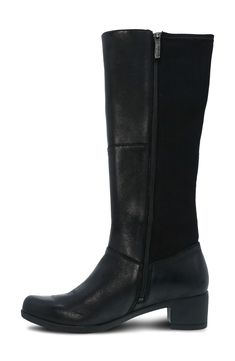 Rugged leather and contour-defining stretch fabric create an ideal fit and sleek silhouette in this knee-high boot set on an all-day-comfortable rubber sole. 1 3/4" heel, 14 1/2" shaft, 15" circumference (size 8.5) Leather and textile upper and lining/rubber sole Imported Fitted Synthetic Knee-high Boots For Workwear, Fitted Leather Mid-calf Boots For Business, Wide Calf Synthetic Boots For Work, Fitted Knee-high Boots With Leather Sole For Business, Formal Synthetic Knee-high Boots, Leather Knee-high Boots For Work, Leather Knee-high Boots For Business, Fitted Leather Knee-high Boots For Business, Fitted Leather Mid-calf Boots For Work