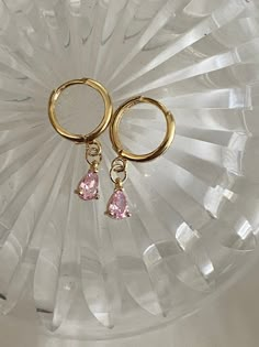 Cheap Pink Casual Earrings, Cheap Pink Huggie Earrings Gift, Dangly Hoop Earring, Cheap Small Pink Hoop Earrings, Cheap Pink Small Hoop Earrings, Pink Dangly Earrings, Dainty Drop Earrings, Trendy Teardrop Huggie Earrings Gift, Gold Teardrop Huggie Earrings With Dangling Charms