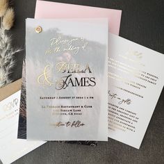 the wedding stationery is laid out on top of each other, including an envelope