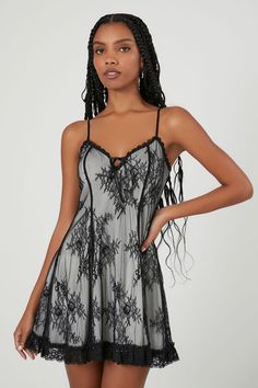 V-neck Lace Slip Dress With Lace Trim, V-neck Contrast Lace Slip Dress For Night Out, Coquette Sleeveless Mini Dress With Lace Trim, Lace Dress With Spaghetti Straps For Night Out, Mini Dress With Delicate Lace And Spaghetti Straps, Lace Mini Dress With Spaghetti Straps And Lace Trim, Lace Trim Dress With Spaghetti Straps For Night Out, Spaghetti Strap Lace Dress For Night Out, Summer V-neck Slip Dress With Contrast Lace