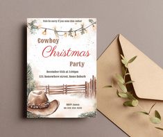 a cowboy themed christmas party card next to an envelope