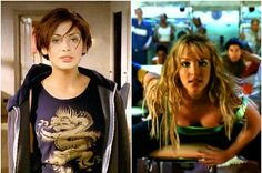 two different pictures of women with short hair and one is wearing a t - shirt