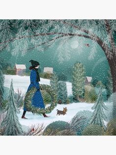 a painting of a woman walking her dog in the snow with a christmas wreath around her neck