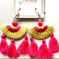 Women’s Tassel Earrings Pink & Yellow. Pierced!!! Very Light Weight And Sooo Summery!!! Brand New On Card And In Packaging. Was Removed For Pictures Only!!! Summer Dangle Jewelry With Latkans, Summer Tassel Earrings Gift, Gold Tassel Earrings For Beach Summer, Summer Beach Tassel Earrings With Latkans, Gold Tassel Earrings For Beach In Summer, Yellow Tassel Earrings For Beach, Trendy Summer Jewelry With Tassels, Summer Festival Tassel Earrings, Summer Vacation Jewelry With Tassels