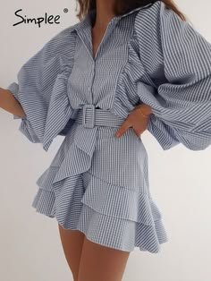 Shirt Mini Dress, Spring Dresses Women, Chique Outfits, Women Long Sleeve Dress, Ruffle Shirt, Sleeve Women, Dress Spring, Mini Dress Casual, Summer Blue