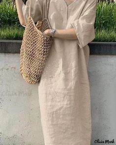 OliviaMark - Stylish Sleeveless V-Neck Vest Dress with Short-Sleeve Design - Casual Maxi Dress in Solid Color Steps Dresses, Hemp Dress, Loose Midi Dress, Spring Dresses Casual, Womens Long Dresses, Loose Maxi Dress, Grey Maxi Dress, Cotton Linen Dresses, Breezy Dress