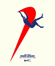 a poster with a man falling off the side of a red and blue surfboard