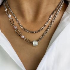 Gorgeous Platinum Plated Stainless Steel Chains With Freshwater Pearls. 2 Different Link Chains Perfect For Layering! Pearl Chain Is 18 Inches, The Other Chain Is 16 Inches. Perfect Gift!! High Quality. Jewerly Bracelets, Double Chain Necklace, Toggle Necklace, Double Chain, Pearl Chain, Stainless Steel Chain, Multi Layering, Womens Jewelry Necklace, Necklace Set