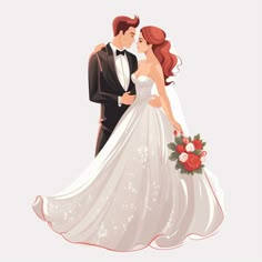 a bride and groom standing next to each other in front of a white background with red flowers