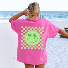 Neon Palm Tree Smily Shirt Coconut Girl Clothes Preppy Summer Oversized Beach Tee VSCO Girl Aesthetic Shirt for Teens Words on Back - Etsy Pink Summer T-shirt For Day Out, Summer Tie-dye Printed T-shirt, Printed Tie Dye T-shirt For Summer, Cute Pink Beach T-shirt, Summer Tie Dye T-shirt With Funny Print, Summer Tie Dye Tops With Graphic Print, Tie Dye Short Sleeve Vacation Top, Tie Dye Short Sleeve Top For Vacation, Pink Oversized Top For Beach